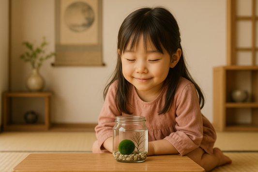 Petite fille japonaise assise devant une table basse dans un salon traditionnel, regardant un bocal en verre contenant un marimo avec des cailloux et une gorgone noire.
